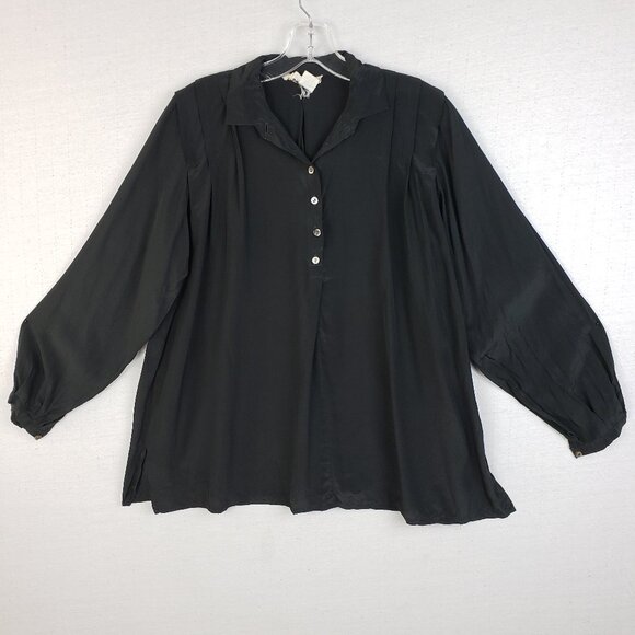 Vintage 70s The Silk Farm Korea Blouse Top Black Puff Sleeves Oversized size 6 - Picture 2 of 10